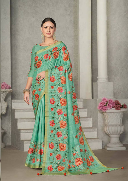 Sea Green Rangkat Tussar Silk Woven Design Saree with Unstitched Blouse - Mohmanthan Eshani - Distacart