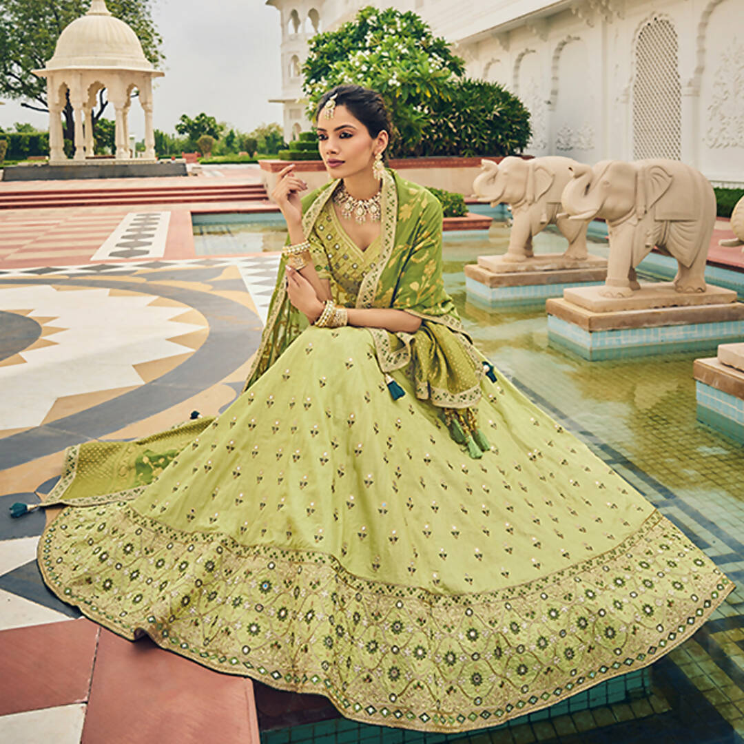 Olive Green Heavy Viscose Khatli, Embroidery & Mirror Work Unstitched Lehenga Choli - Sisha Keshav - Distacart