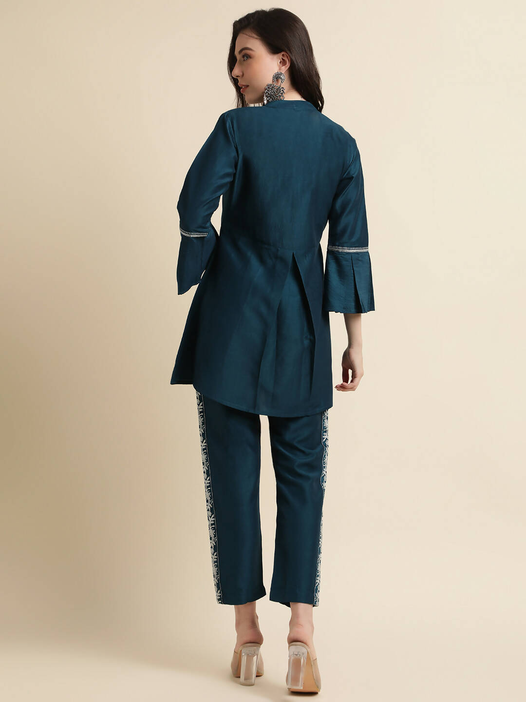 Teal Chinon Floral Embroidered Top with Bottom - Maanushi - Distacart