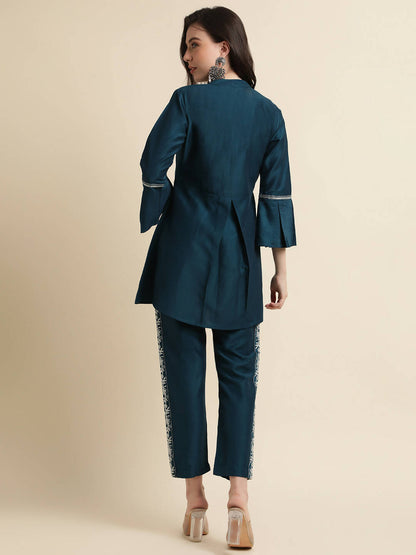 Teal Chinon Floral Embroidered Top with Bottom - Maanushi - Distacart