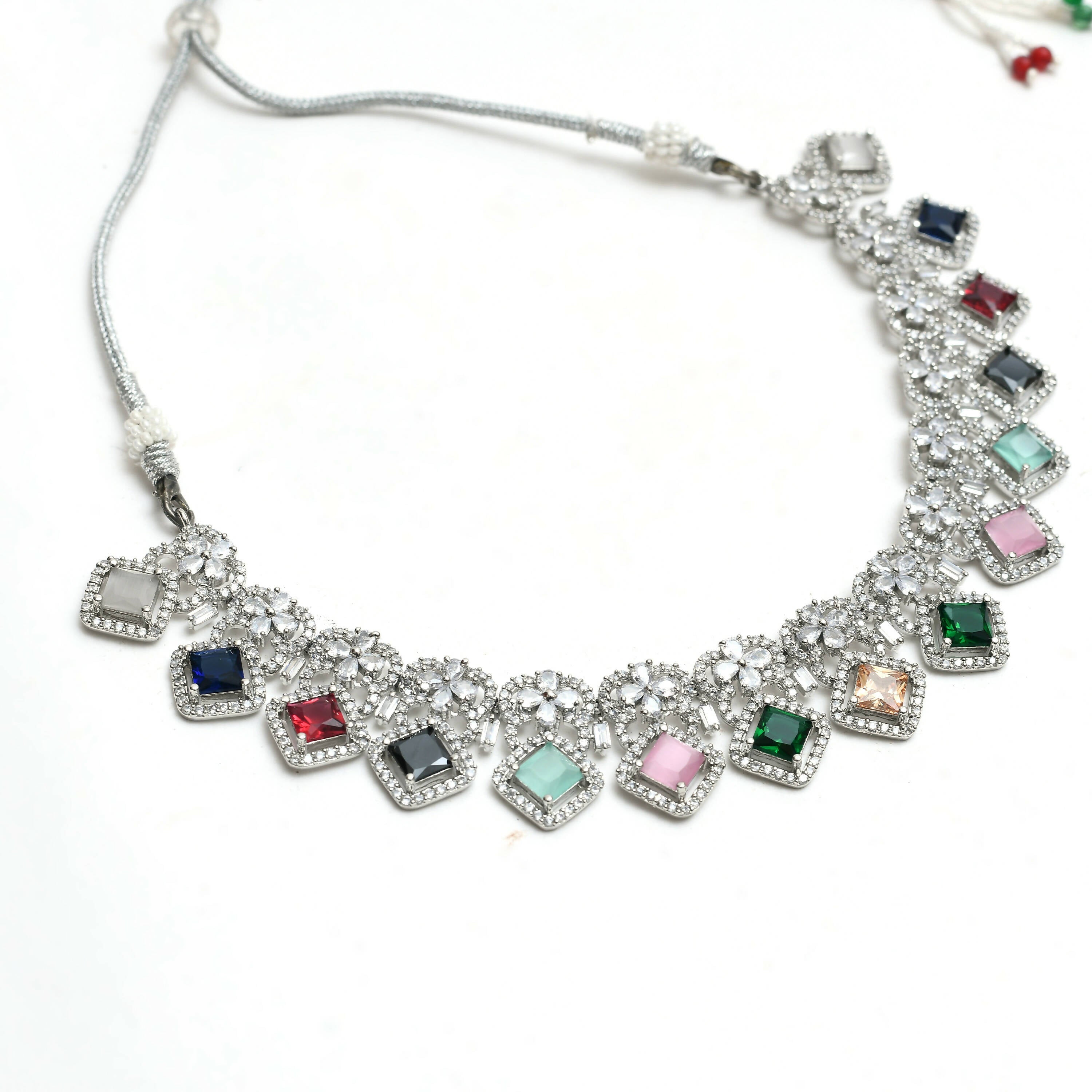 Mominos Fashion Johar Kamal Women Silver-Plated American Diamond Multi Colour Choker Set - Distacart