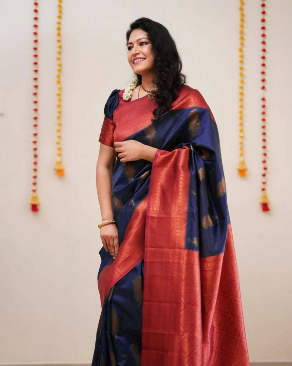 DEIANA'S Beautiful Golden Jari with New Design Soft Lichi Silk Saree - Navy Blue - Distacart