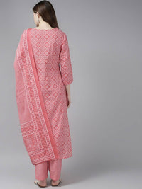 Thumbnail for Yufta Women Pink Printed Regular Pure Cotton Kurta with Palazzo and Dupatta