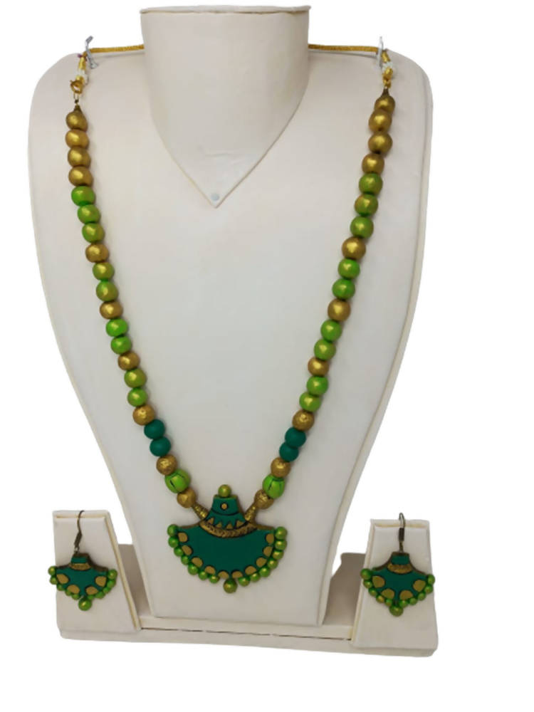Terracotta Green Long Necklace Set with Matching Earrings