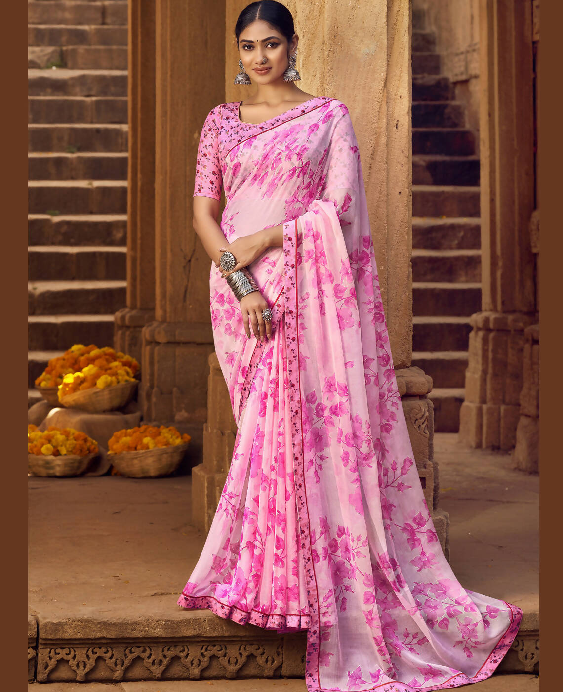 Light Pink Silver Chiffon Printed Saree With Unstitched Blouse Piece - Jyoti - Distacart