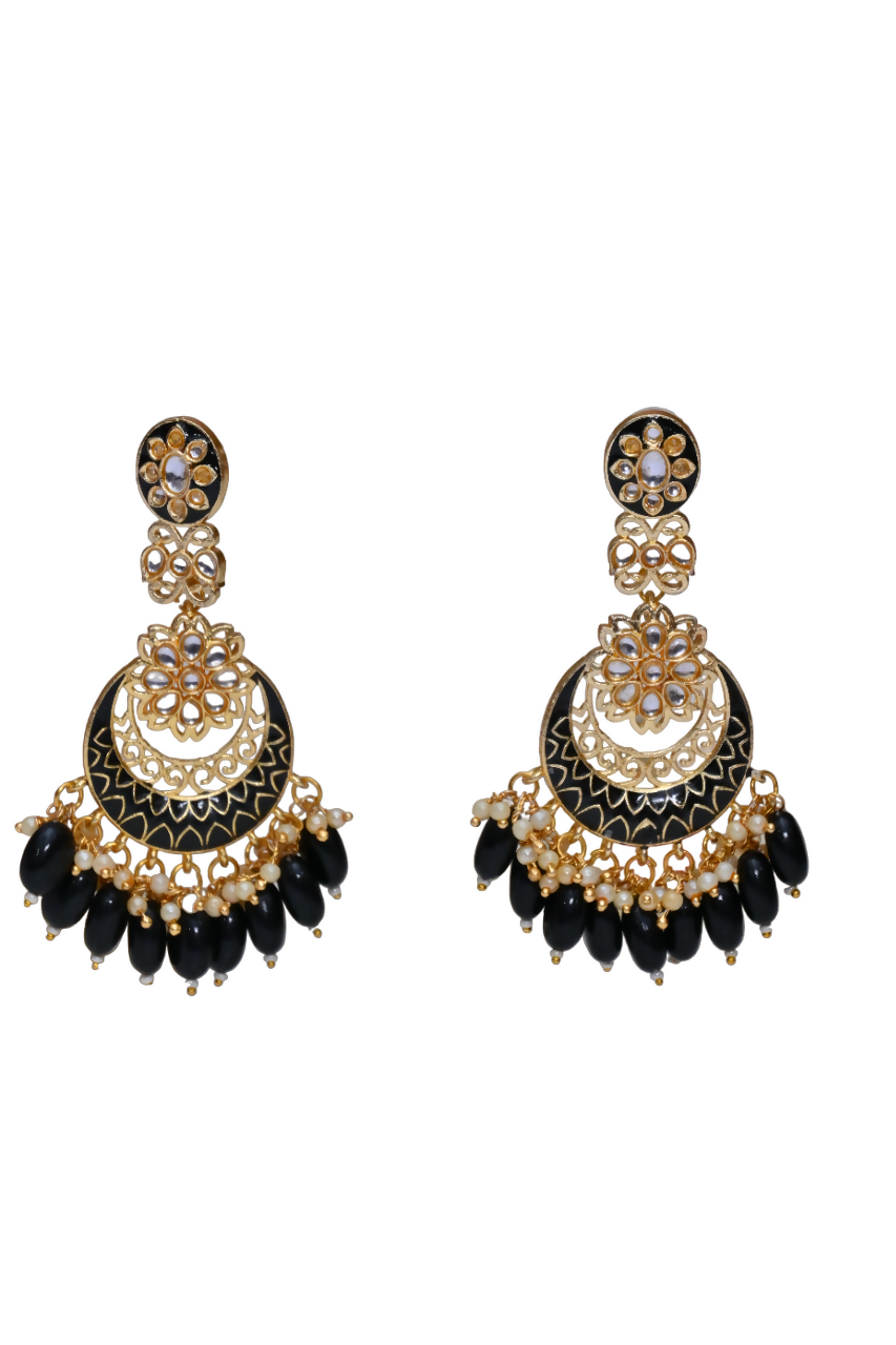 Gold Plated Kundan & Pearl Dangle Women Black Meenakari Chandbali Earrings By House of Ree - Distacart