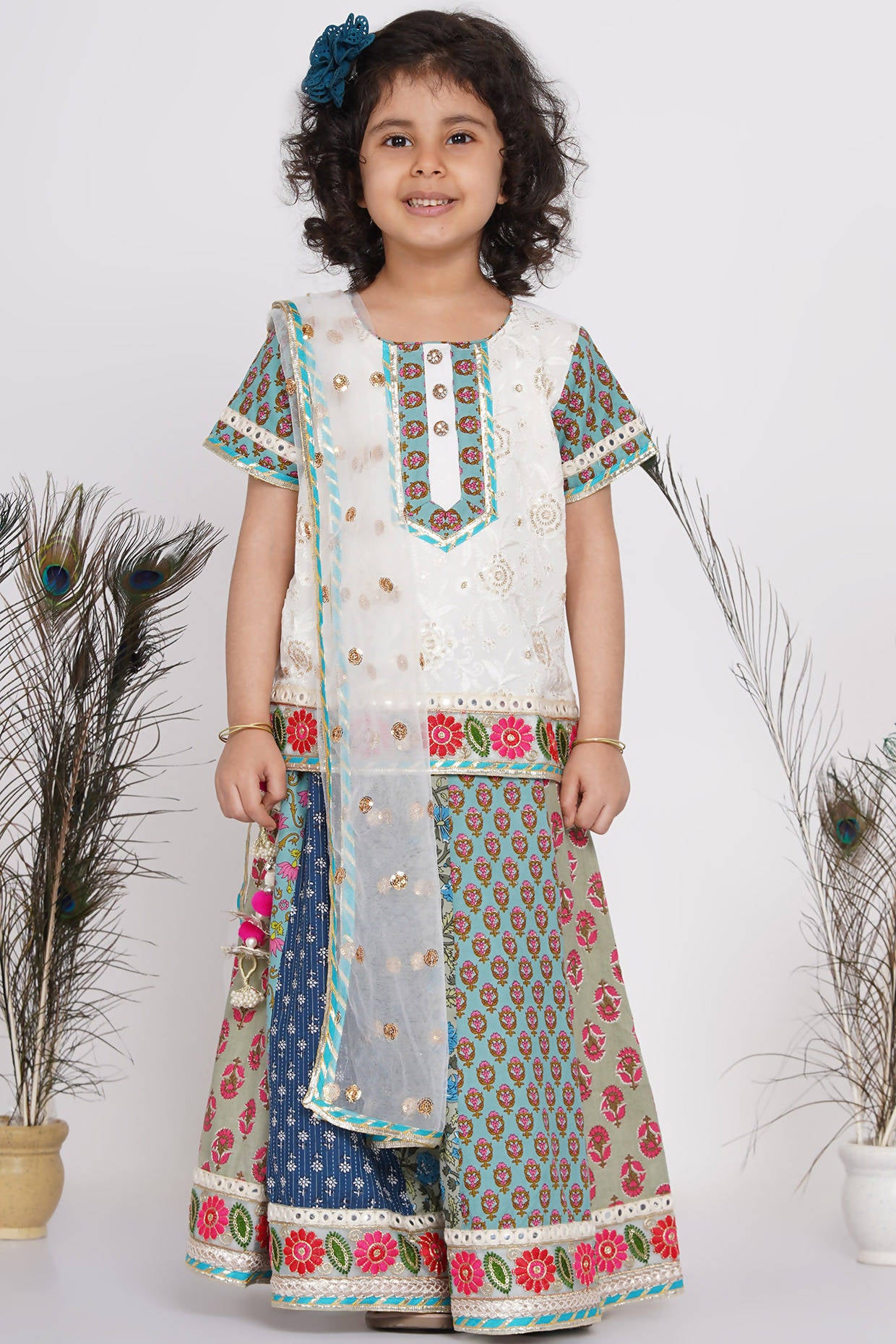 Little Bansi Cotton Embroidery Kurta With Lehenga & Tussel - White & Multicolor - Distacart