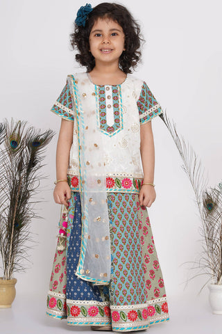 Little Bansi Cotton Embroidery Kurta With Lehenga & Tussel - White & Multicolor - Distacart