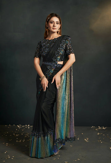 Black Silk Crepe Georgette Cord Sequence & Thread Embroidered & Moti Work Saree - Moh-Manthan Royal Enigma - Distacart