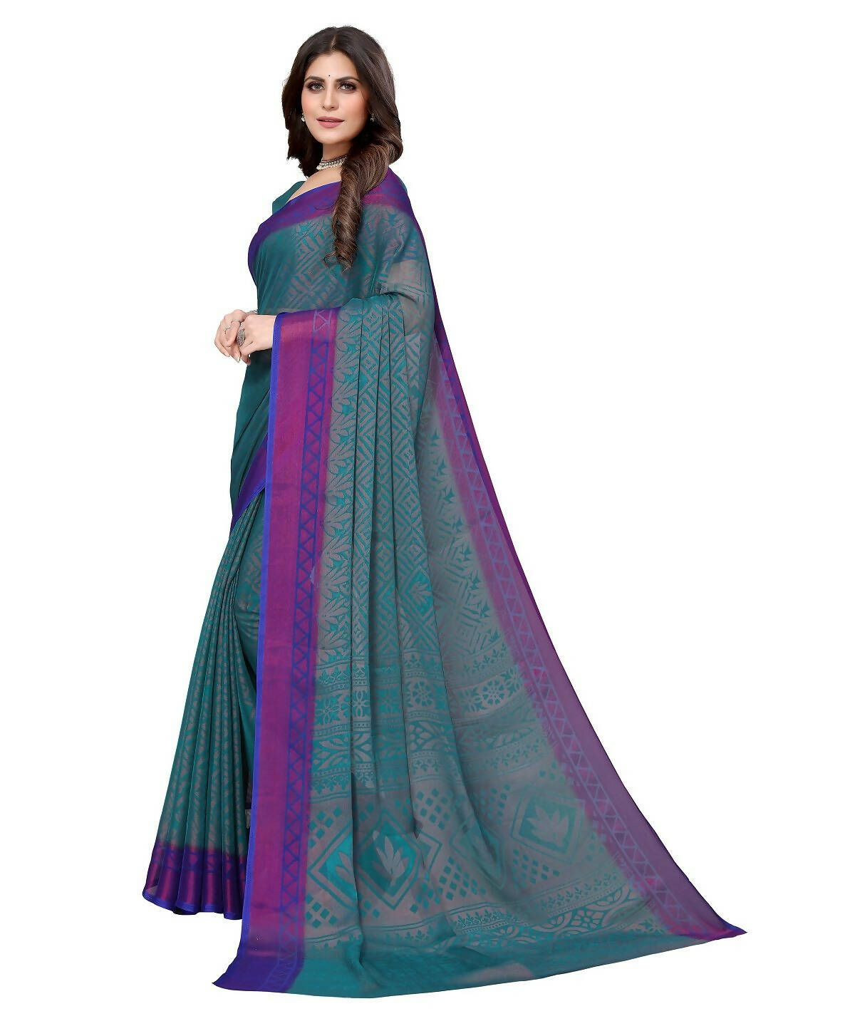 Vamika Rama Green Chiffon Brasso Bollywood Style Woven Saree (BAMBI RAMA) - Distacart