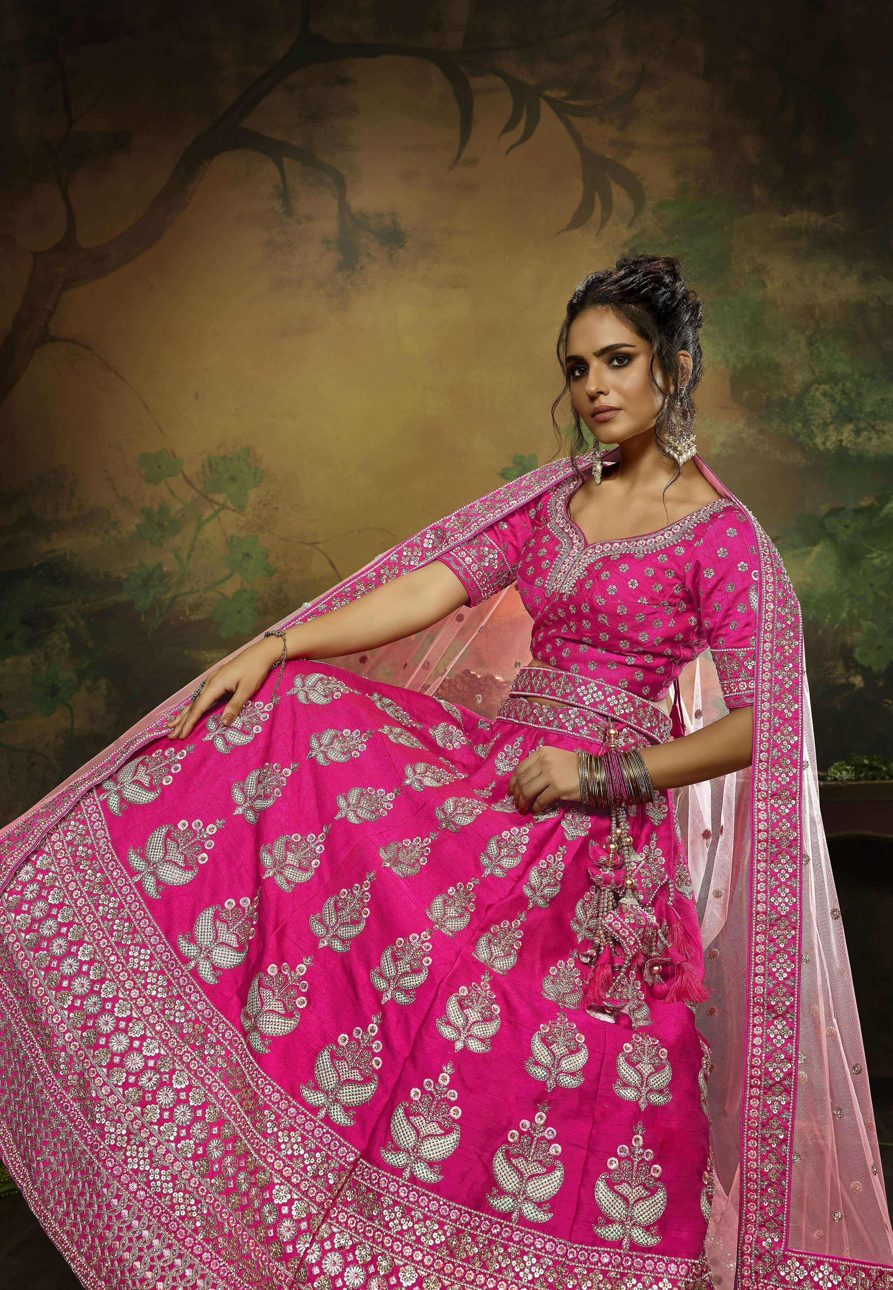 House of Panchhi Pink Pure Silk Moti & Zarkan heavy embroidery Lehenga choli & Dupatta - Distacart