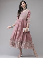 Thumbnail for Yufta Pink Embroidered Ethnic Midi Dress