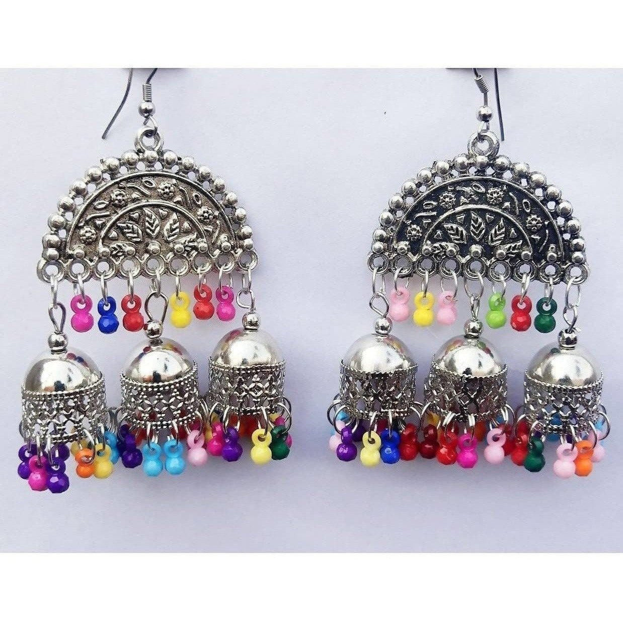 Half Moon Triple Jhumka Multi Color Pearls Fancy Earrings