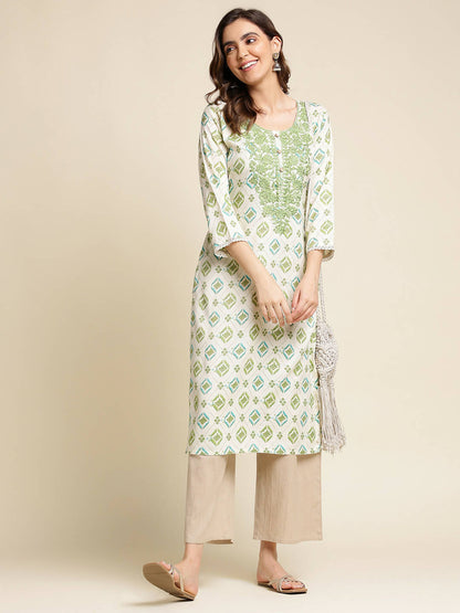 Green Poly Rayon Aztec Printed Straight Fit Kurta - Prasuti - Distacart