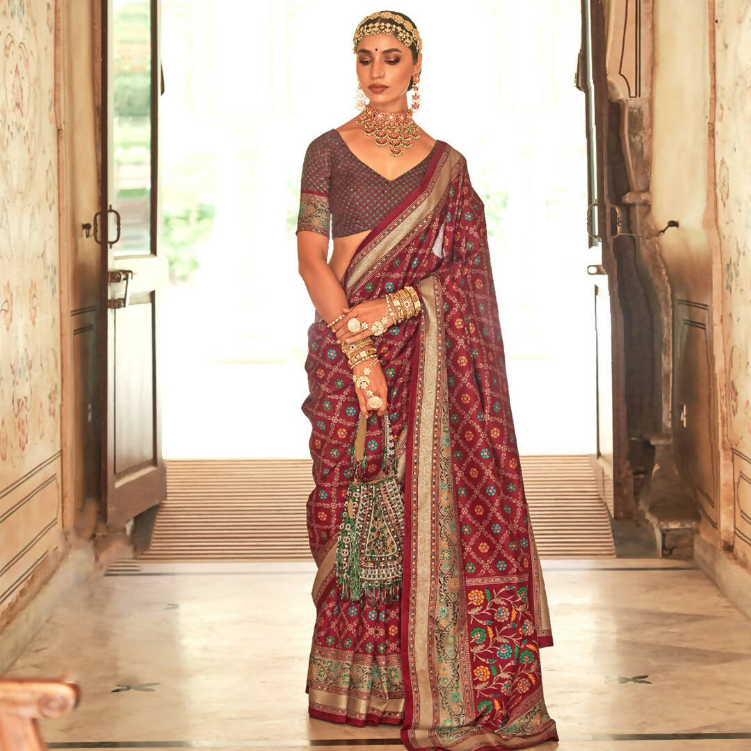 Maroon Silk With Banarasi Print Work Saree - Trirath Yamuna - Distacart