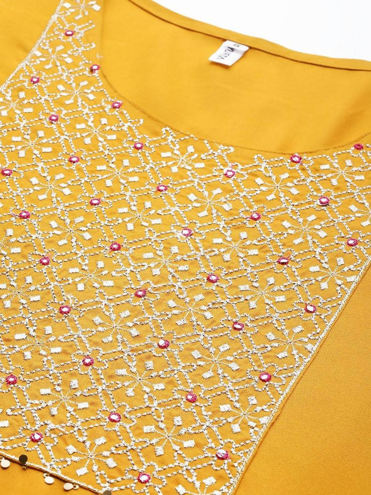 Yufta Women's Mustard Rayon Kurti With Pant Dupatta Set