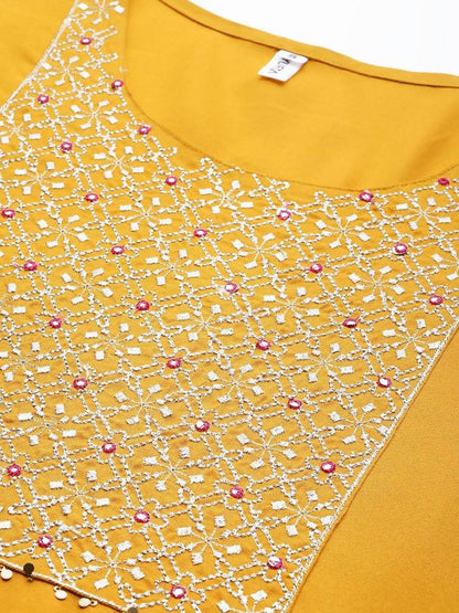 Yufta Women's Mustard Rayon Kurti With Pant Dupatta Set