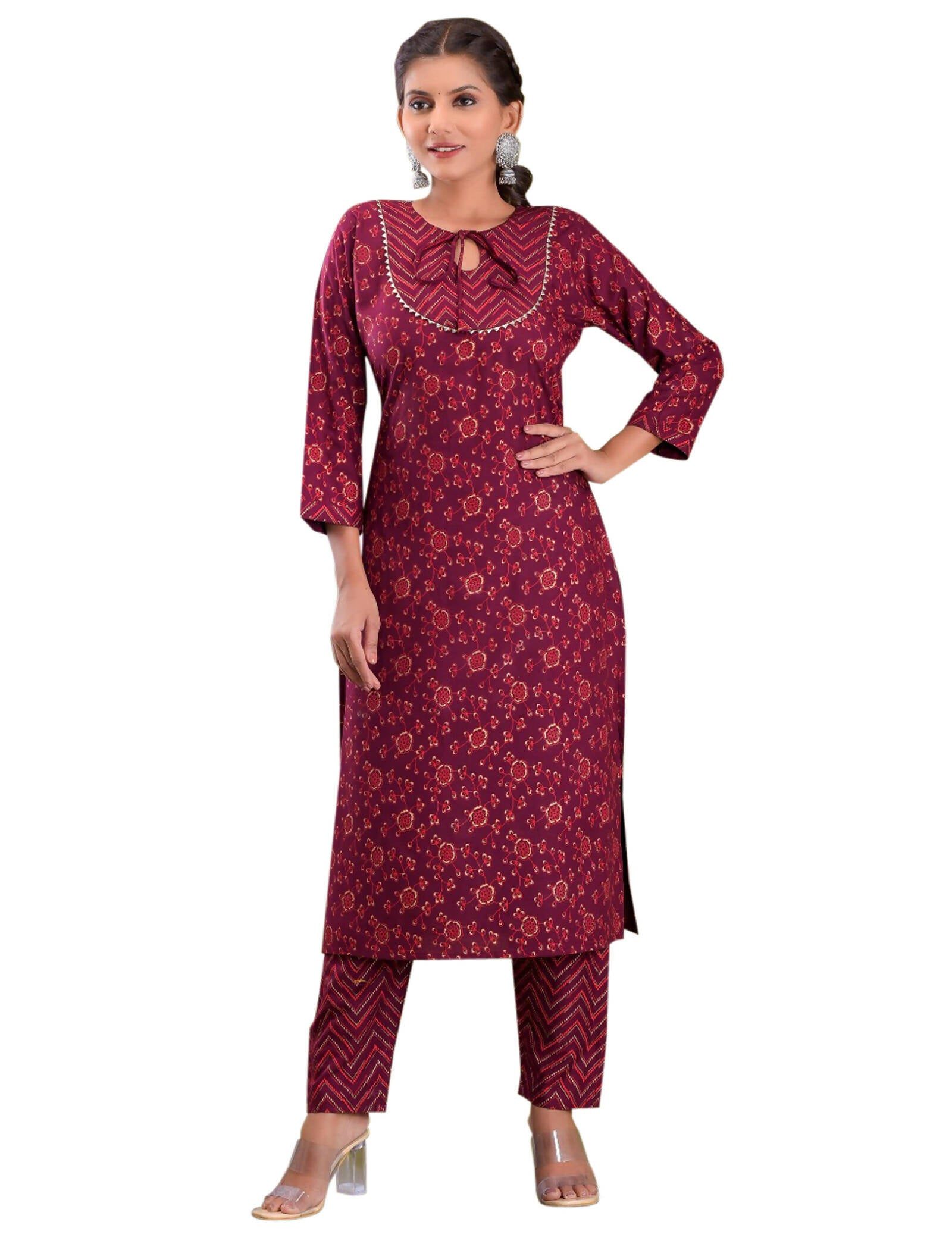 Vamika Foil Print Rayon Wine Red Party Wear/Casual Wear Kurta Set/Suit - Distacart