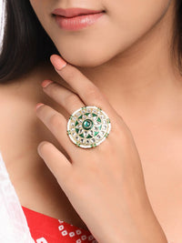 Thumbnail for NVR Women's Traditional Kundan Meenakari Gold Plated Ajustable Finger Ring - Distacart
