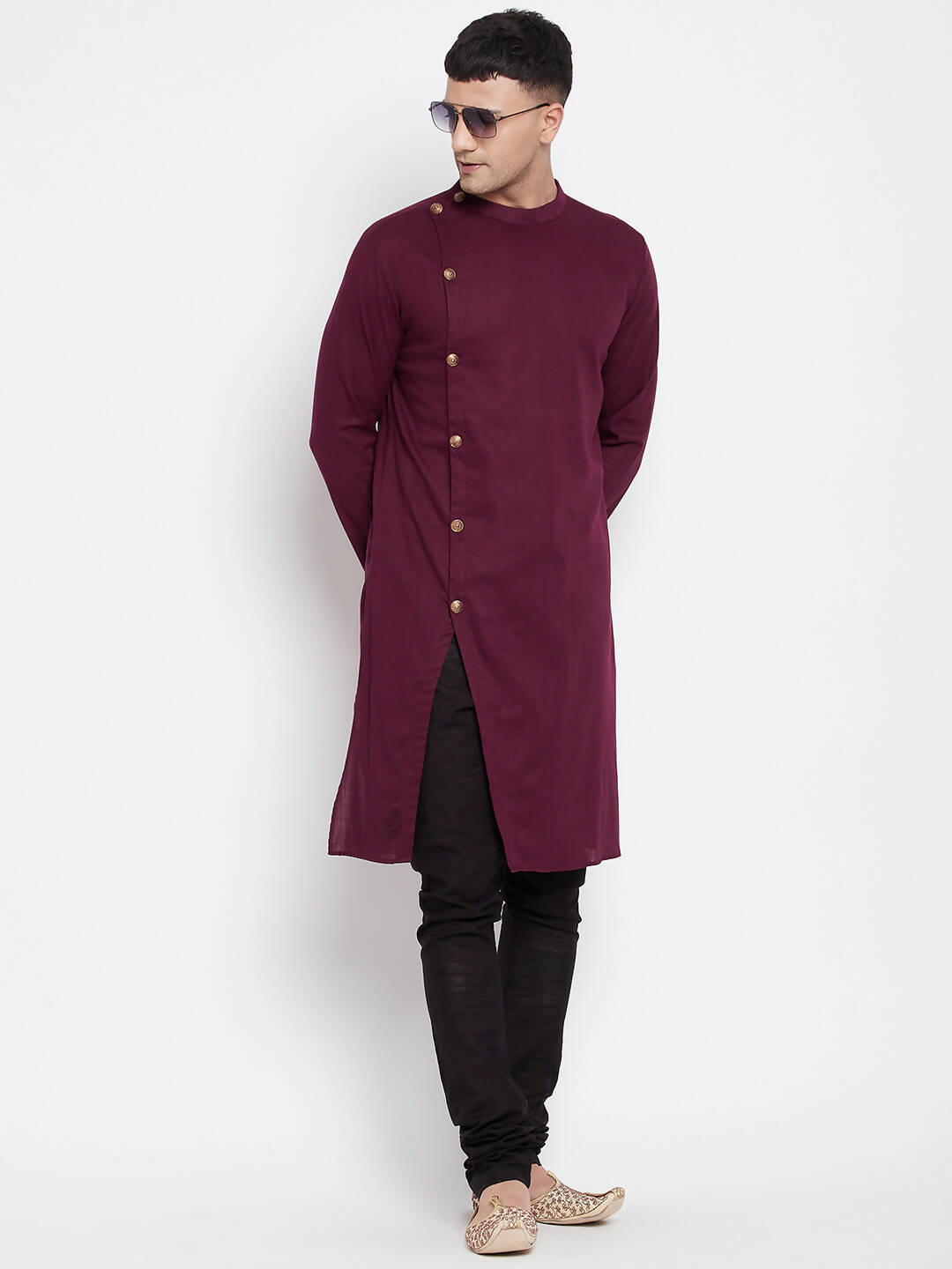 Even Apparels Maroon Pure Cotton Men's Sherwani Kurta With Asymetrical Cut - Distacart
