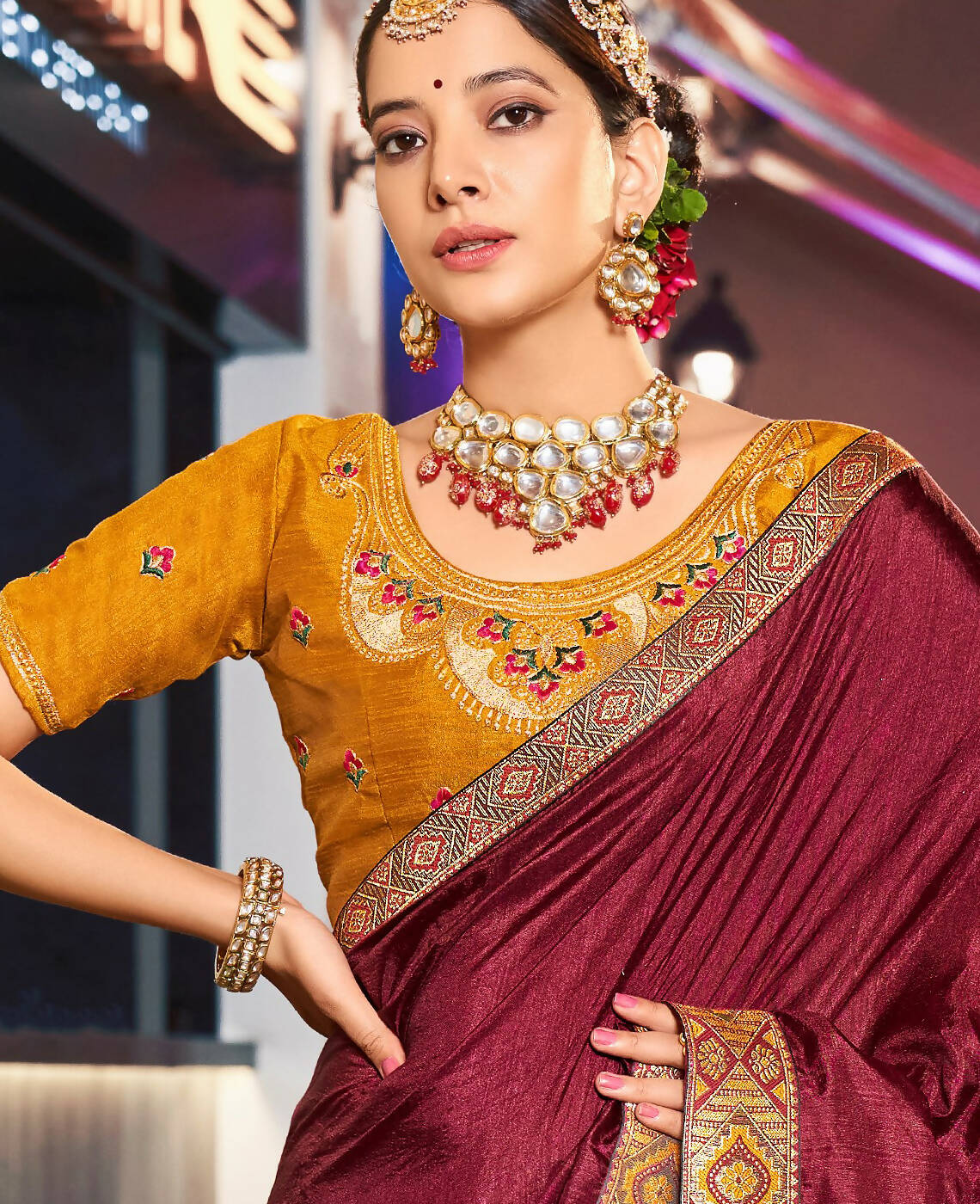Dark Maroon Solid Vichitra Saree With Unstitched Blouse Piece - Selena - Distacart