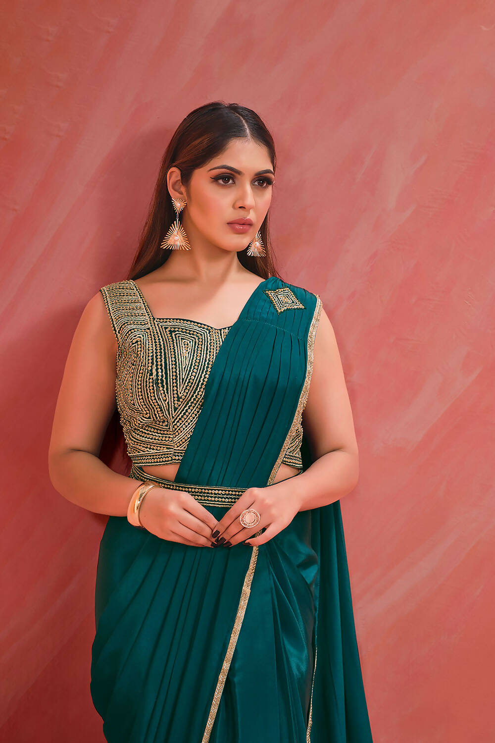 Light Teal Crepe Silk Georgette Jari, Sequence & Moti Work Saree With Stitched Blouse - Mohmanthan Elegancia - Distacart