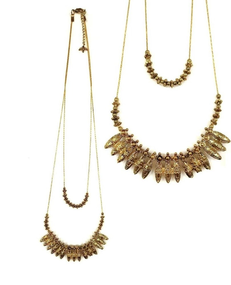 Bling Accessories Antique Brass Finish 2 Rows Metal Statement Necklace