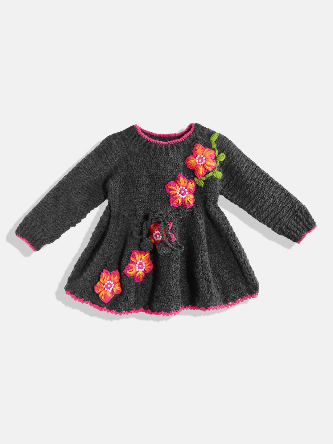 Chutput Kids Woollen Hand Knitted Full Sleeves Lilium Detail Dress - Grey - Distacart