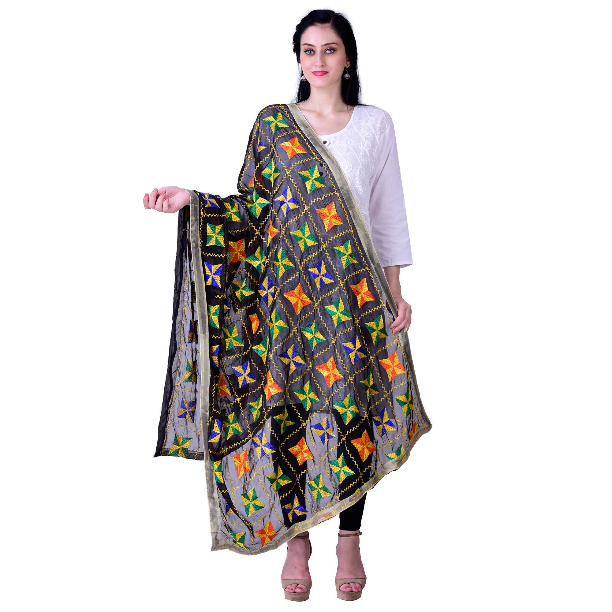SWI Stylish Women's Embroidered Phulkari Chiffon Black Dupatta