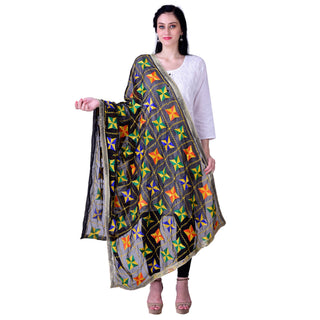 SWI Stylish Women's Embroidered Phulkari Chiffon Black Dupatta