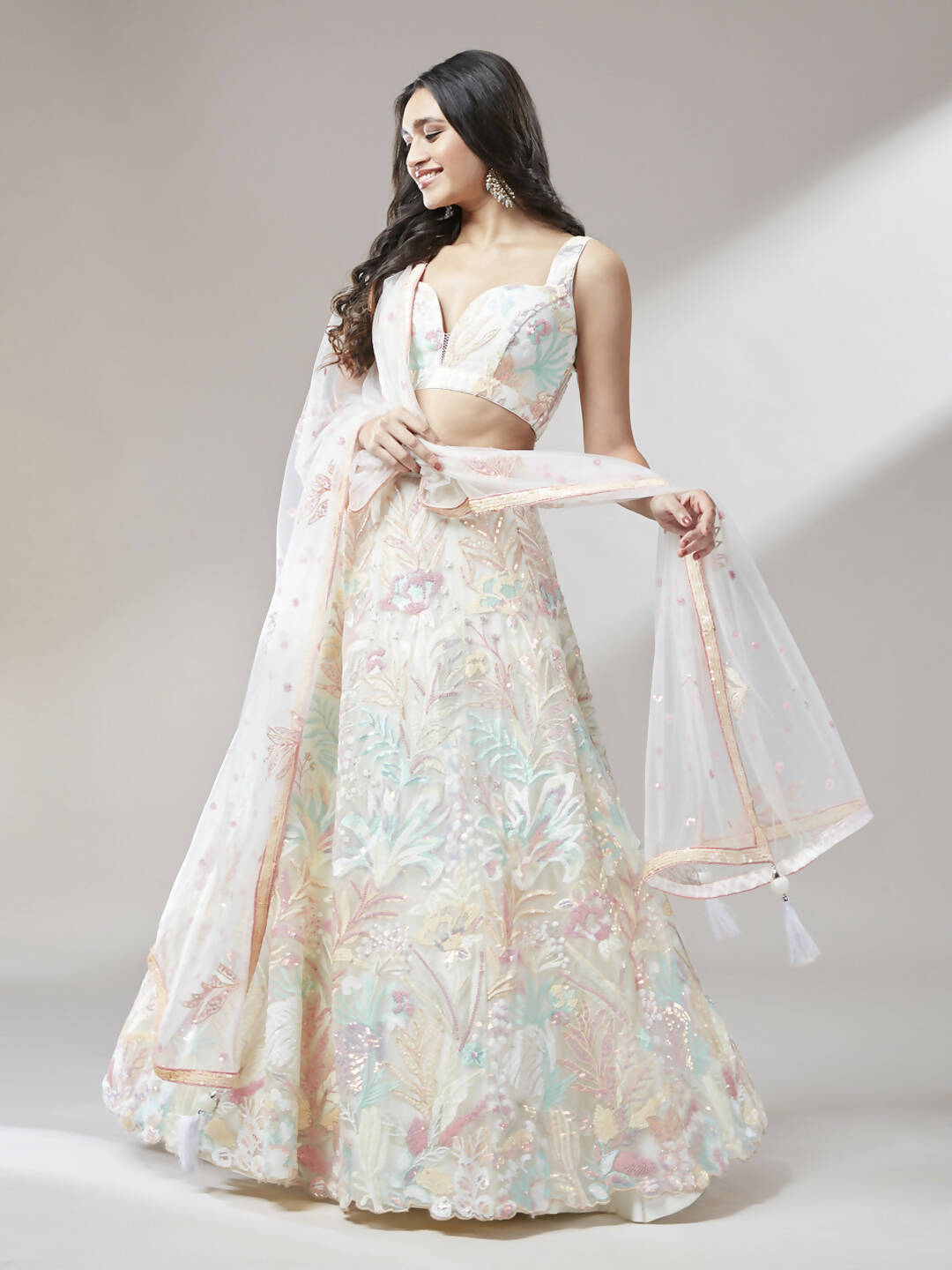 House of Panchhi Cream Net Sequinse Work Lehenga & Blouse with Dupatta - Distacart