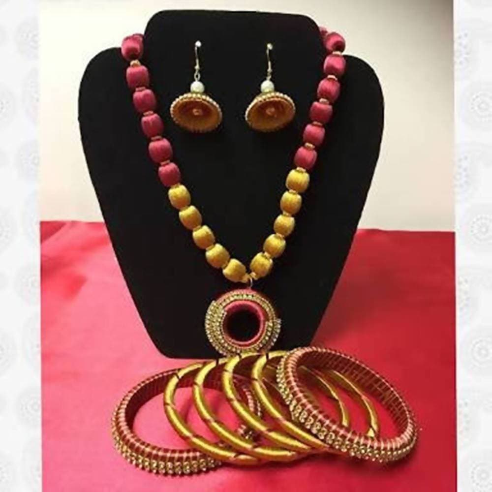 Yellow And Pink Silk Threaded Designer Necklace Set , Earrings And Bangles