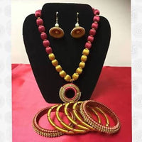 Thumbnail for Yellow And Pink Silk Threaded Designer Necklace Set , Earrings And Bangles