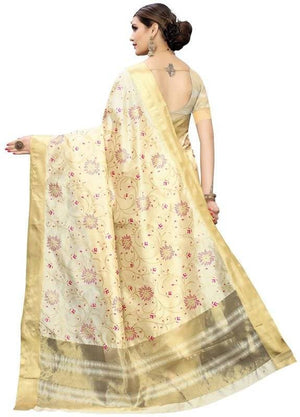 Vamika Weaving Cream Cotton Polyester Silk Saree (Kerala Floral)