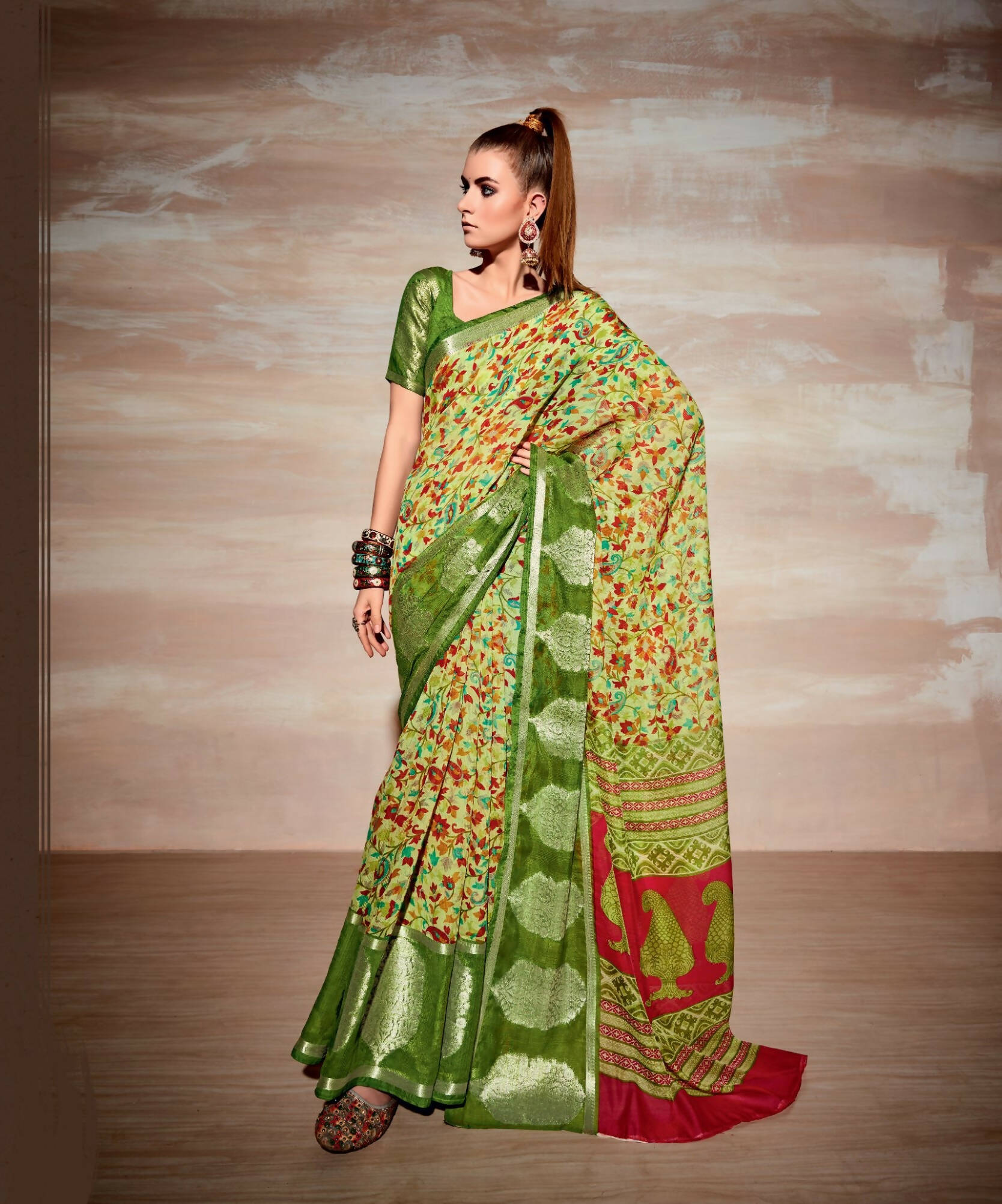Light Green Cotton Floral Printed Saree With Unstitched Blouse Piece - Kathika - Distacart