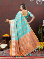 Thumbnail for Lorenvalley Fashion Skyblue Cotton with Woven Design Zari Weaving Saree - Distacart