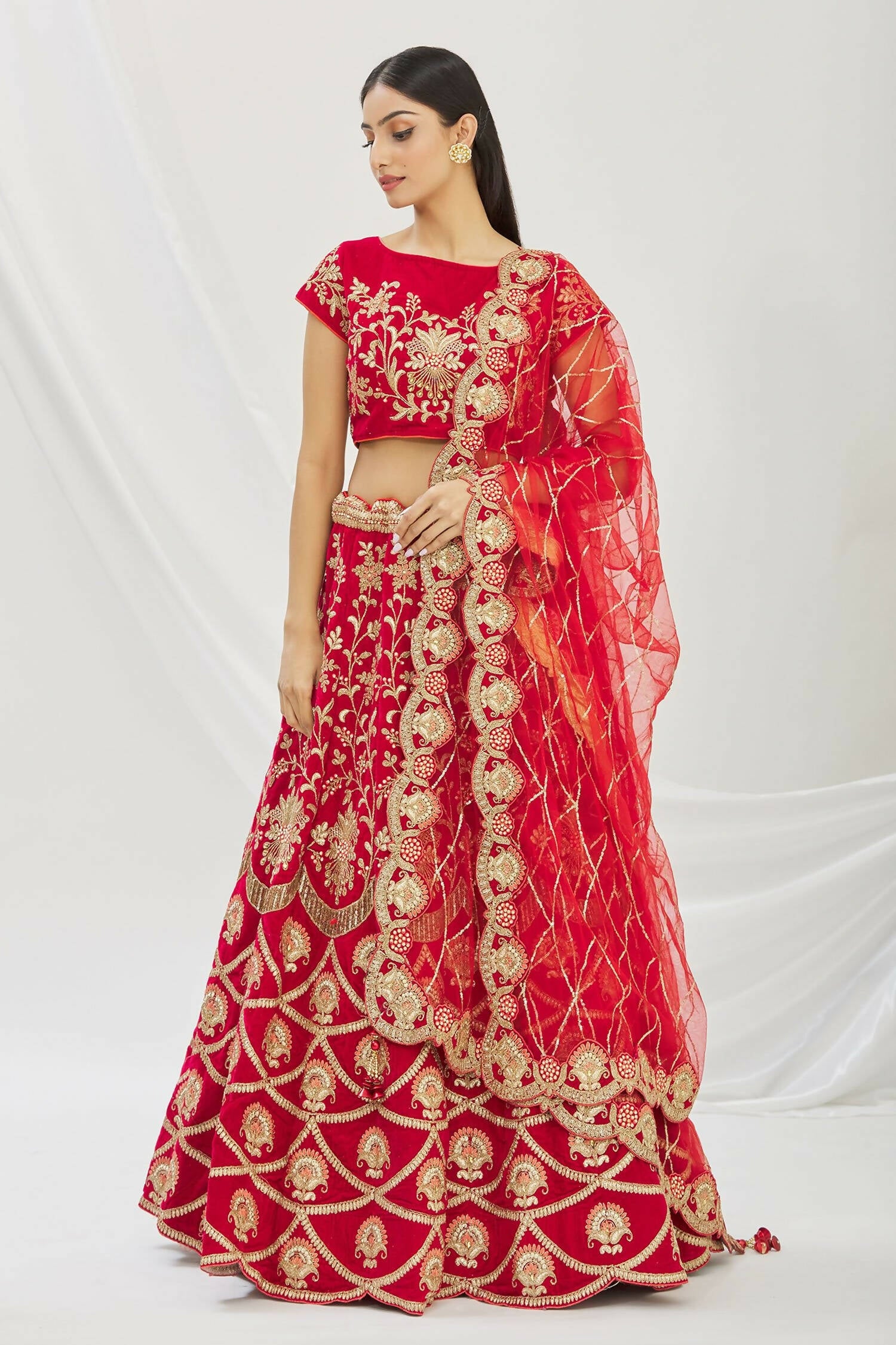 Red Velvet Semi-Stitched Wedding Bridal Lehenga - Nimaya - Distacart