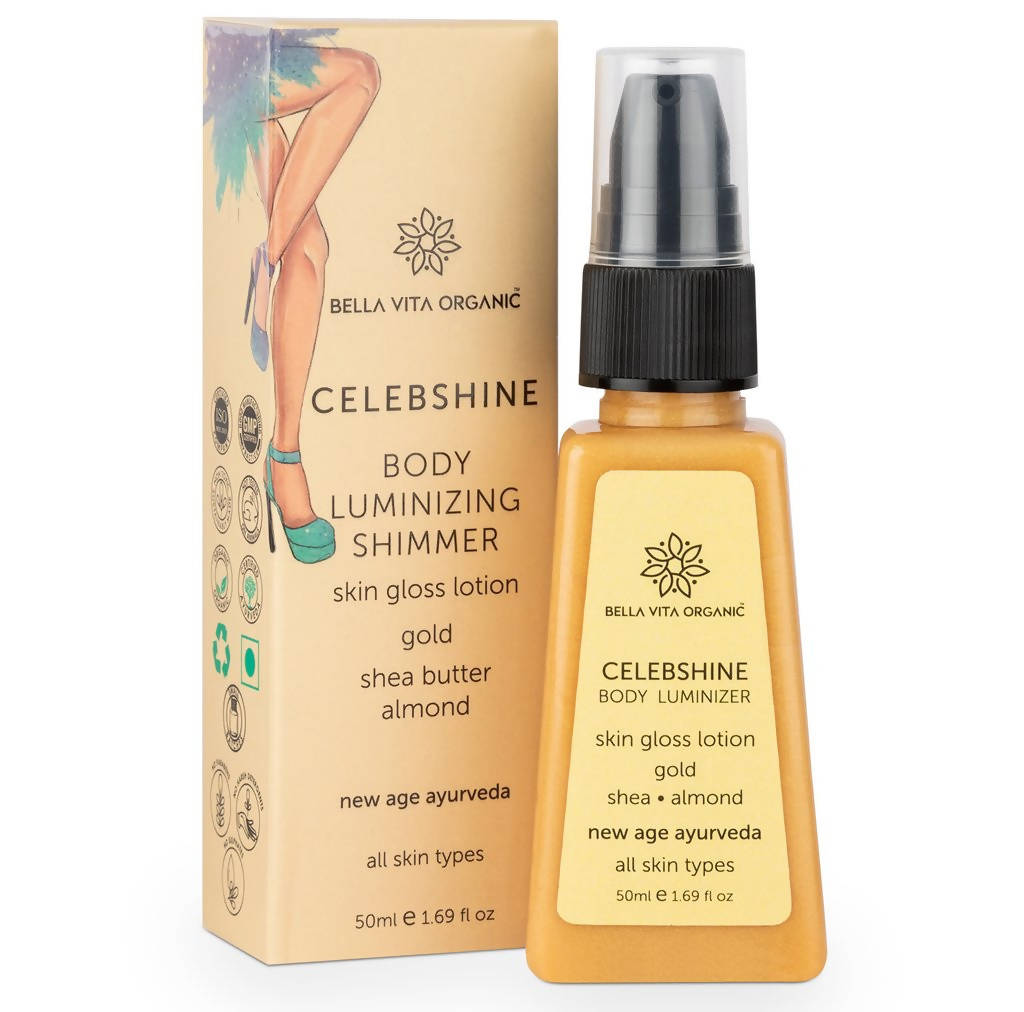 Bella Vita Organic Celeb Shine Body Luminizing Shimmer skin Gloss Lotion Gold Shea Butter Almond - Distacart