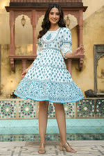 Thumbnail for Juniper Women's Blue Cambric Printed Tiered Dress - Distacart