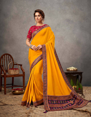 Yellow Satin Silk Zari, Cord And Sequins Embroidery Saree - Norita Arinya - Distacart