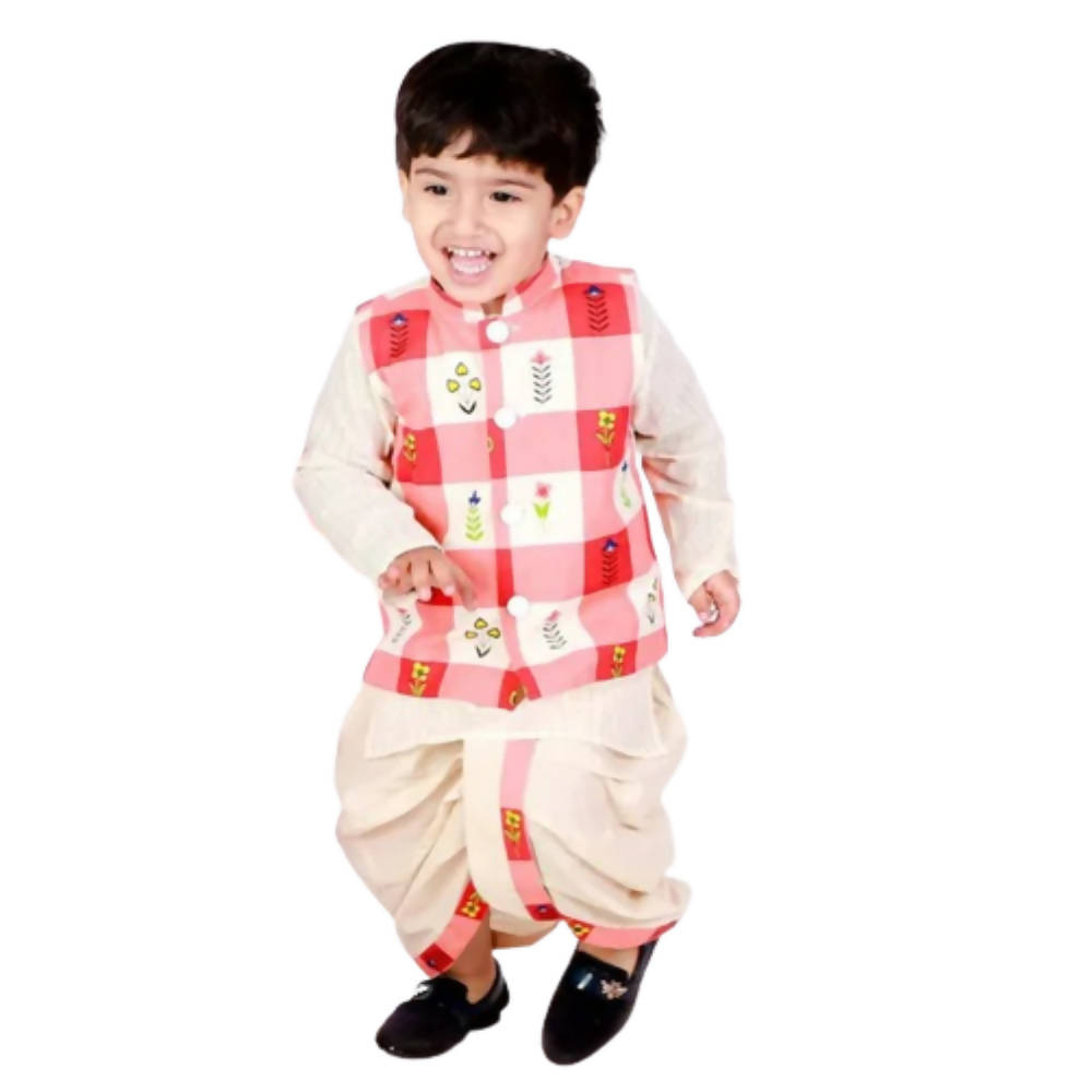 Little Bansi Cream Color Floral Check Jacket with Kurta and Dhoti