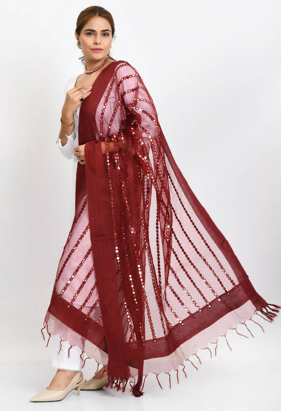 Mominos Fashion Moeza Women's Orgenza Mirror Stripe Thread Work Maroon Dupatta - Distacart