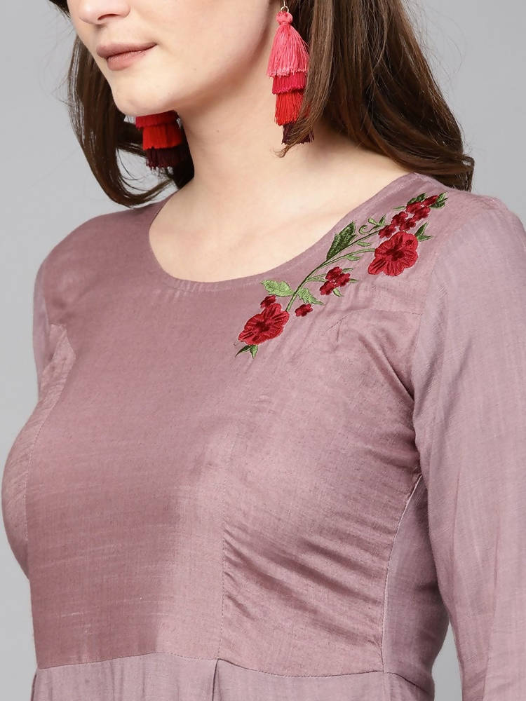 Yufta Women Mauve & Black Embroidered Kurta with Palazzo