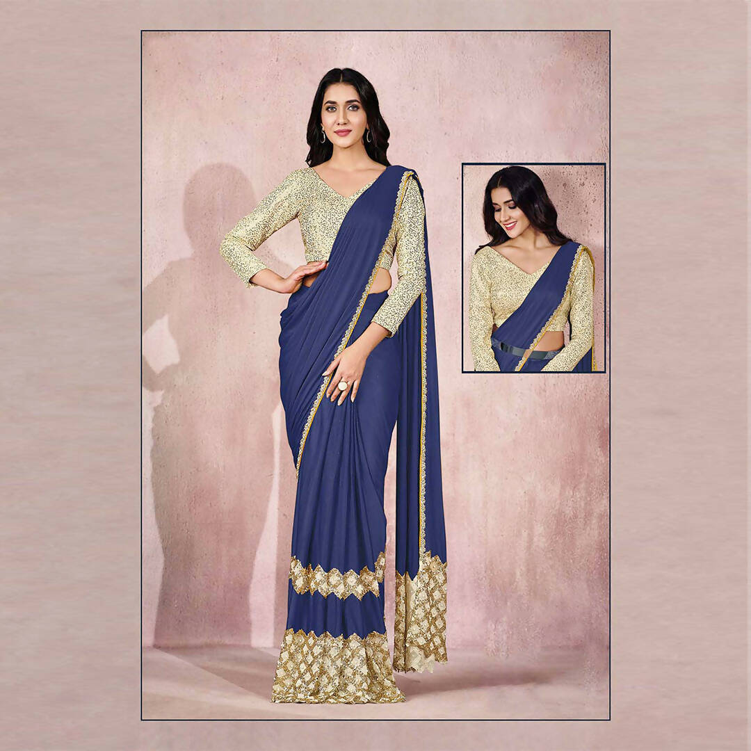 Blue Lycra Embroidery Designer Saree With Blouse - Mohmanthan Sitaarah - Distacart