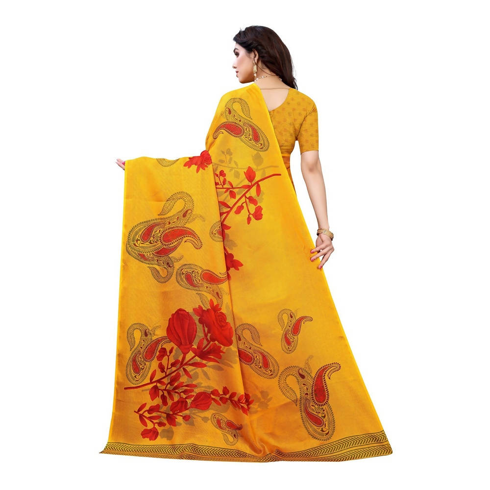 Printed Jute Silk Yellow Saree 