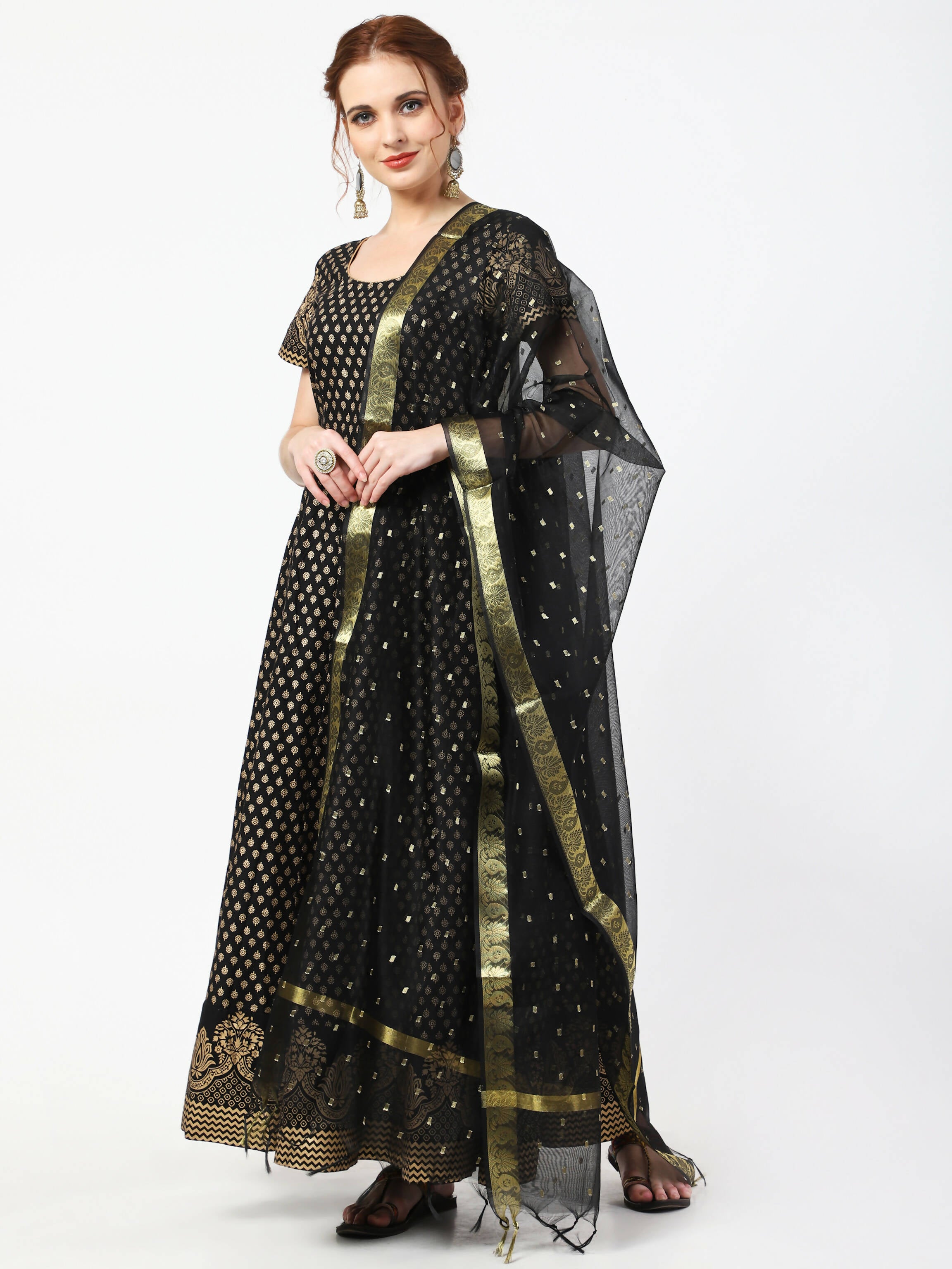Cheera Women's Black Cotton Hand Block Print Long Dress With Silk Dupatta Set - Distacart