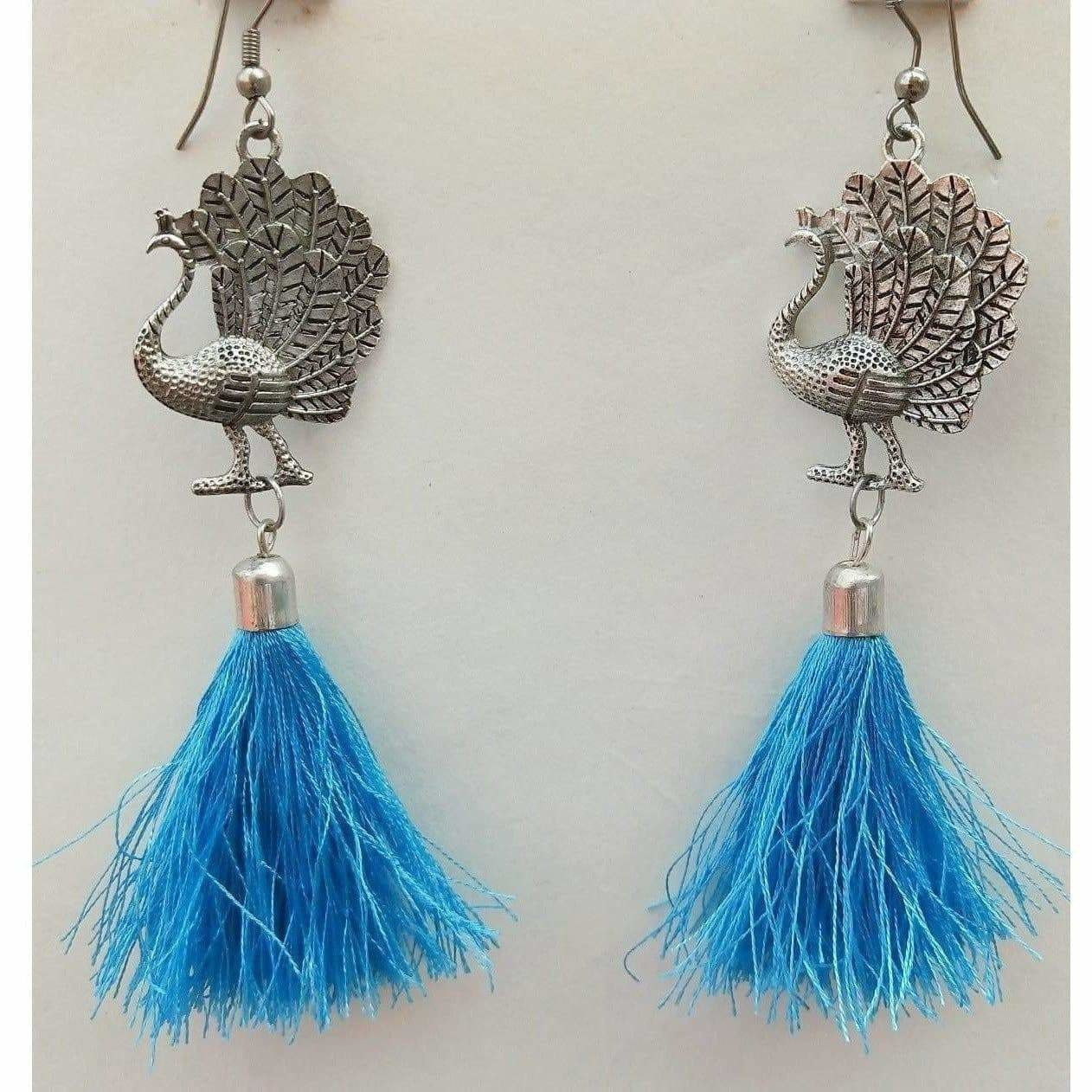 Fancy Peacock Tassel Hanging Blue Silk threads Earrings