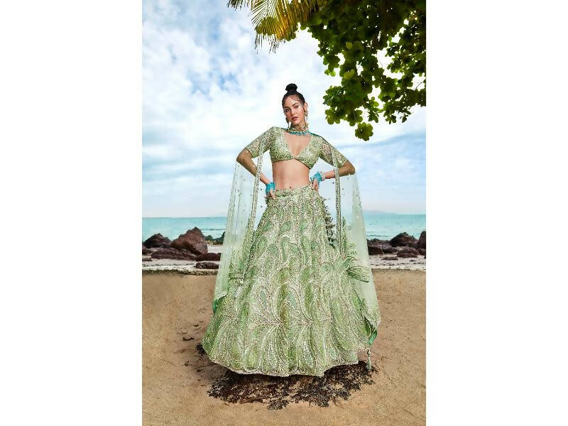 House of Panchhi Lime green Net Multi Sequins with heavy Zarkan embroidery Lehenga choli & Dupatta - Distacart