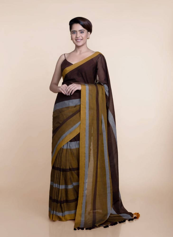 Suta Brown Yellow Colourblocked Mul Saree - Distacart