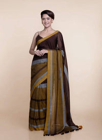 Thumbnail for Suta Brown Yellow Colourblocked Mul Saree - Distacart